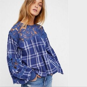 Free People Darling Diana Blue Printed Lace-Trim Top